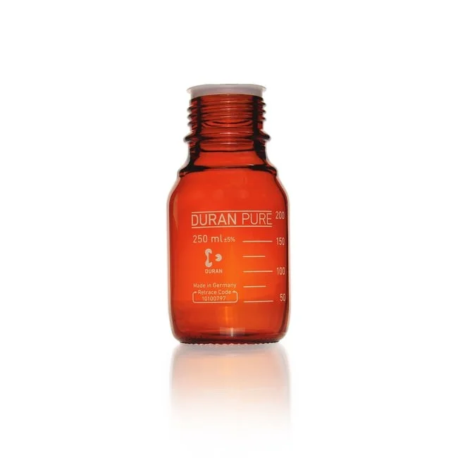 Бутыль DURAN PURE, янтарная, градуированная, GL 45, с пылезащитным колпачком, без крышки и сливного кольца, 250 мл