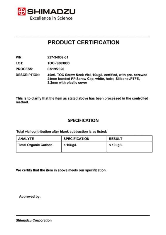 Набор виал для TOC EPA 40 мл; сертифицированные; уровень органического фона ≤ 10 ppb (72 шт.)