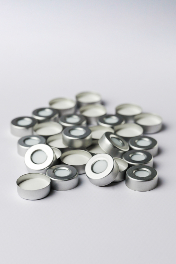 Обжимные алюминиевые крышки Gluvex с септами PTFE/силикон, без прорези , в сборе, для обжимных виал