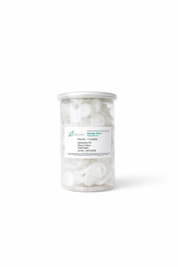 Шприцевой фильтр Gluvex, регенерированная целлюлоза, 0.45 мкм, 25 мм, 100 шт./уп.