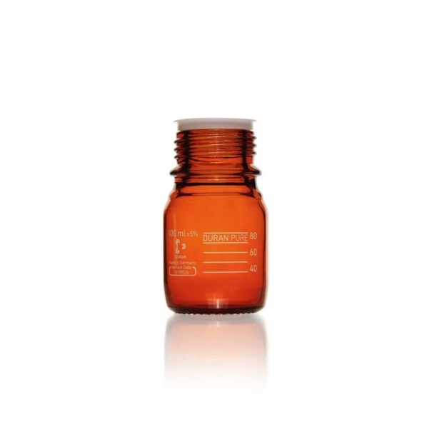 Бутыль DURAN PURE, янтарная, градуированная, GL 45, с пылезащитным колпачком, без крышки и сливного кольца, 100 мл