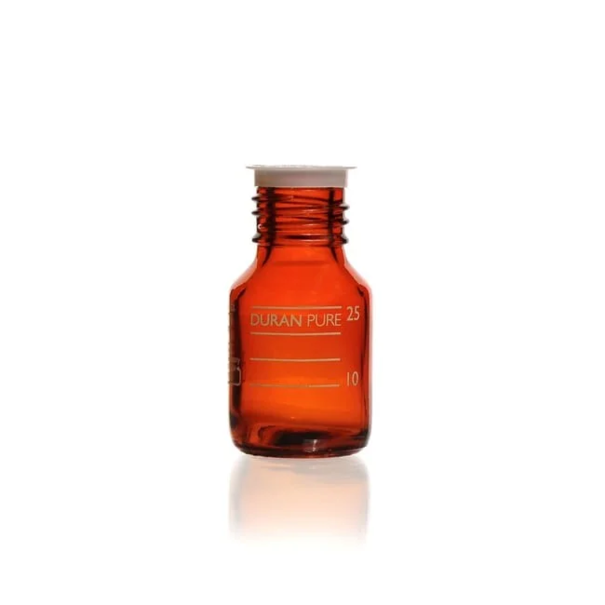 Бутыль DURAN PURE GL 25, янтарная, градуированная, с пылезащитным колпачком, без крышки и сливного кольца, 25 мл