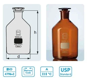 Бутыль для реагентов DURAN®, узкая горловина, NS 12/21, янтарного цвета, со стеклянной пробкой с плоской головкой, 25 мл