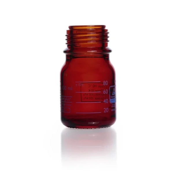 Бутыль лабораторная стеклянная DURAN® pressure plus, устойчивая к давлению, янтарная, без винтовой крышки и сливного кольца, GL 45, 100 мл