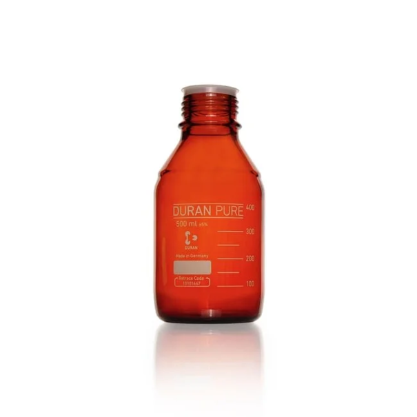 Бутыль DURAN PURE, янтарная, градуированная, GL 45, с пылезащитным колпачком, без крышки и сливного кольца, 500 мл