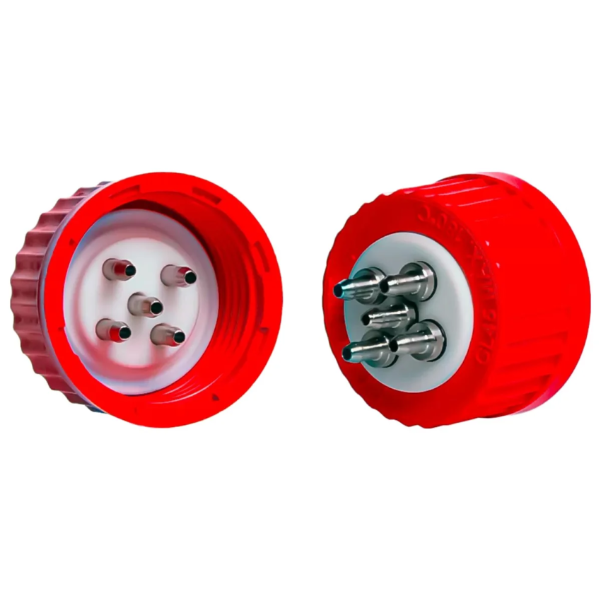Система соединительной крышки DURAN® GL 45 с красной винтовой крышкой PBT, вставка PTFE, 3 порта (нержавеющая сталь)