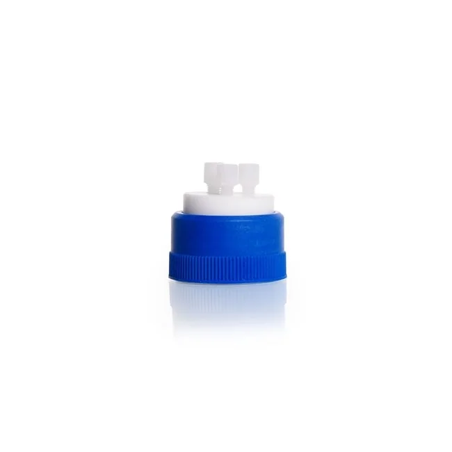 Крышка для подачи DURAN® 3-портовая HPLC GL 45, резьба 1/4"–28 для трубки PTFE наружным диаметром 32 мм, комплектная с тремя заглушками ETFE 1/4"–28 и уплотнительным кольцом TFE/пропилен
