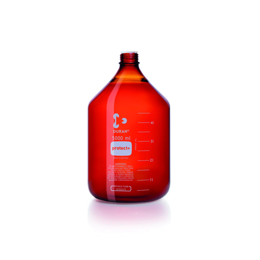 Бутыль лабораторная стеклянная DURAN®, GL 45, янтарная, protect+ пластиковое покрытие (PA12), защитная крышка, 5000 мл