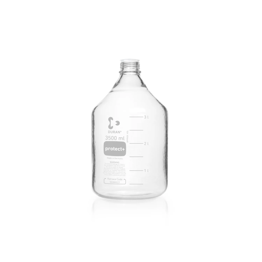 Бутыль лабораторная стеклянная DURAN®, GL 45, прозрачная, protect+ пластиковое покрытие (PA12), защитная крышка, 3500 мл