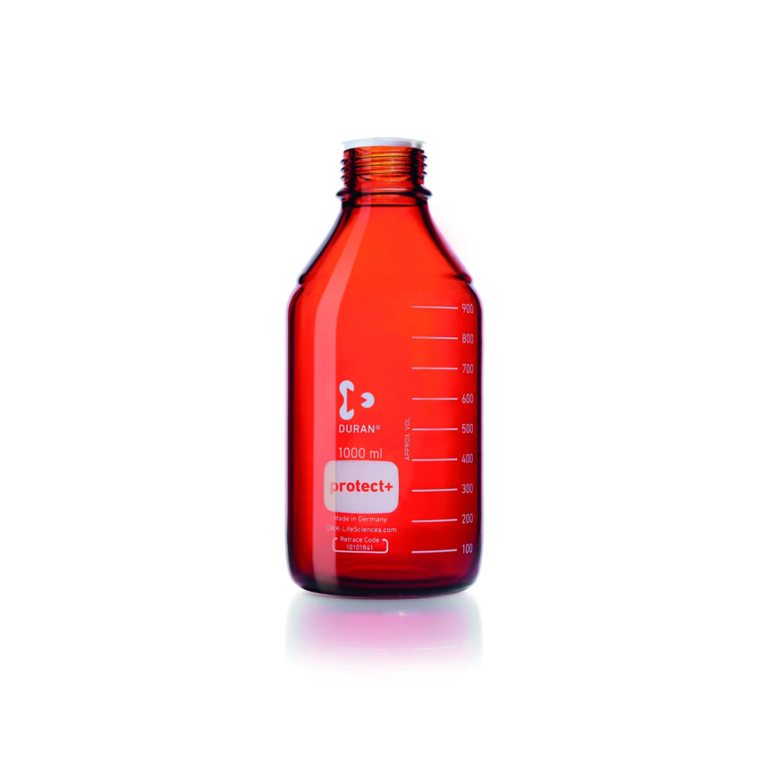 Бутыль лабораторная стеклянная DURAN®, GL 45, янтарная, protect+ пластиковое покрытие (PA12), защитная крышка, 1000 мл