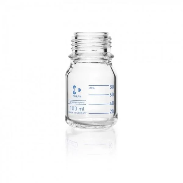 Бутыль лабораторная стеклянная DURAN®, GL 45, прозрачная, pressure plus+ устойчивая к давлению, protect+ пластиковое покрытие (PA12), защитная крышка, 100 мл
