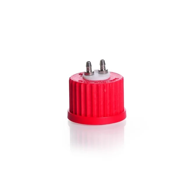 Система соединительной крышки DURAN® GL 25 с красной винтовой крышкой PBT, инертная PTFE, 2 порта (нержавеющая сталь)