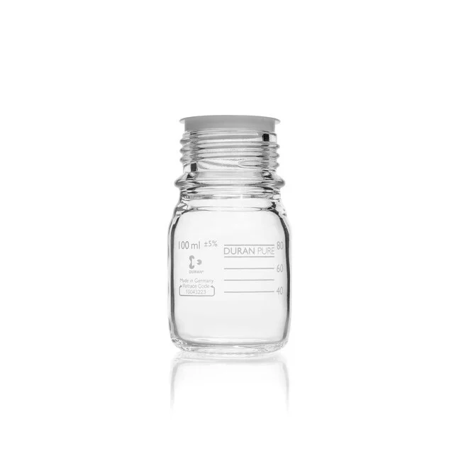 Бутыль DURAN PURE, прозрачная, градуированная, GL 45, с пылезащитным колпачком, без крышки и сливного кольца, 100 мл
