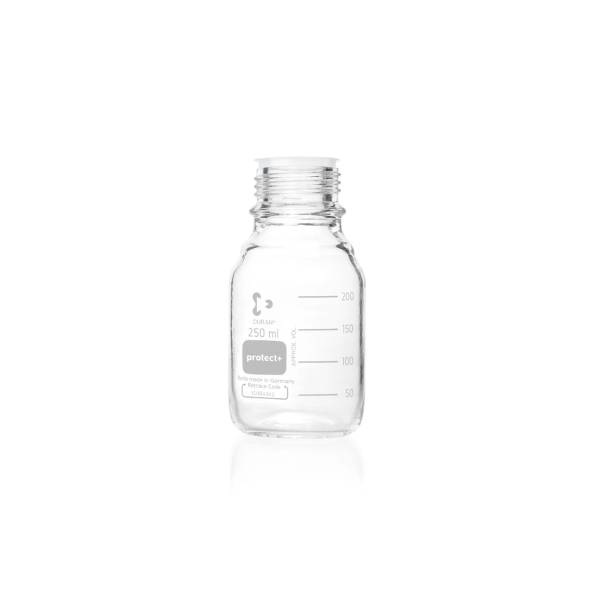 Бутыль лабораторная стеклянная DURAN®, GL 45, прозрачная, protect+ пластиковое покрытие (PA12), защитная крышка, 250 мл