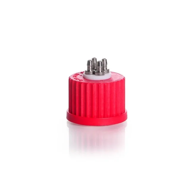 Система соединительной крышки DURAN® GL 25 с красной винтовой крышкой PBT, инертная PTFE, 4 порта (нержавеющая сталь)