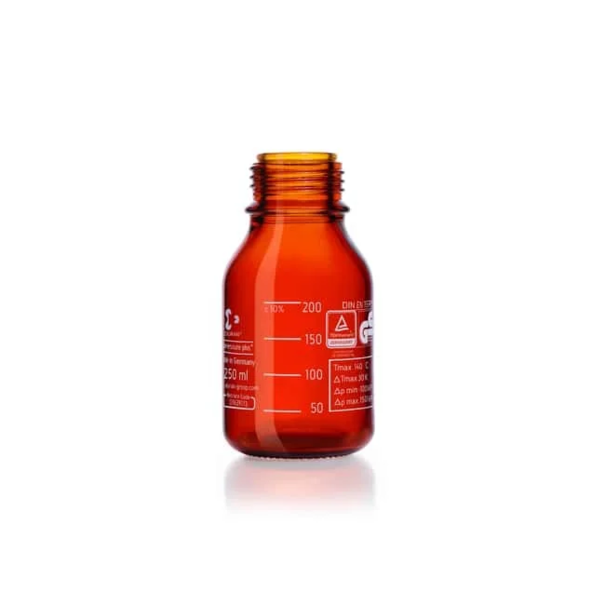 Лабораторная стеклянная бутылка DURAN® GL 45, устойчивая к давлению, янтарного цвета, без завинчивающейся крышки и кольца для дозирования, 250 мл
