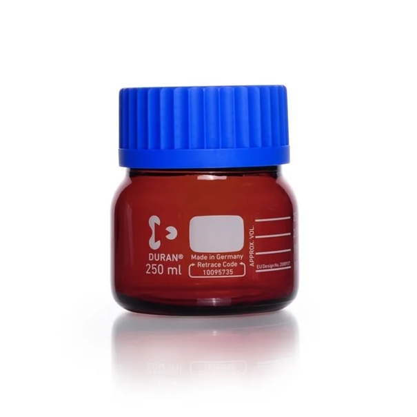 Бутыль лабораторная стеклянная DURAN®, GLS 80, широкая горловина, янтарная, винтовая крышка и сливное кольцо (PP), 250 мл