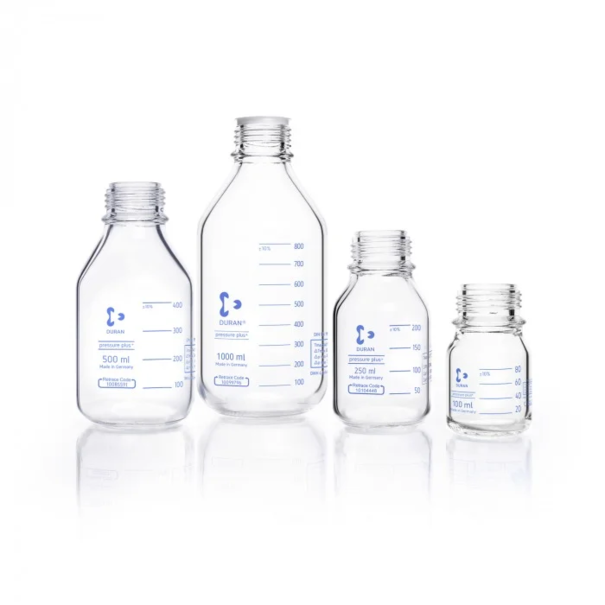 Бутыль лабораторная стеклянная DURAN®, GL 45, прозрачная, pressure plus+ устойчивая к давлению, protect+ пластиковое покрытие (PA12), защитная крышка, 1000 мл