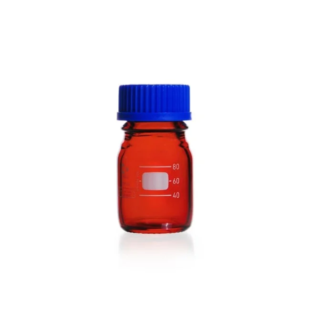 Бутыль лабораторная стеклянная DURAN®, GL 45, янтарная, винтовая крышка и сливное кольцо (PP), 100 мл
