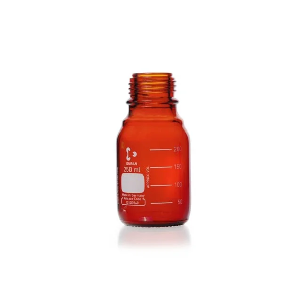 Бутыль лабораторная стеклянная DURAN®, GL 45, янтарная, без винтовой крышки и сливного кольца, 250 мл