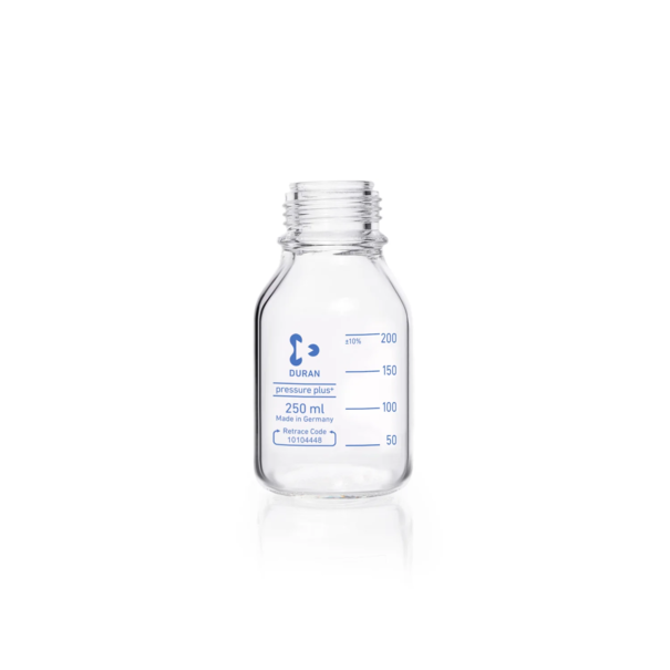 Бутыль лабораторная стеклянная DURAN®, GL 45, прозрачная, pressure plus+ устойчивая к давлению, protect+ пластиковое покрытие (PA12), защитная крышка, 250 мл