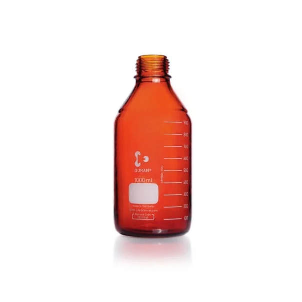 Бутыль лабораторная стеклянная DURAN® protect, пластиковое покрытие (PU), янтарная, без винтовой крышки и сливного кольца, 1000 мл