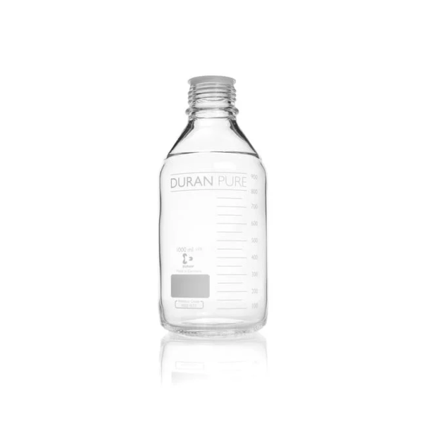 Бутыль DURAN PURE, прозрачная, градуированная, GL 45, с пылезащитным колпачком, без крышки и сливного кольца, 1000 мл