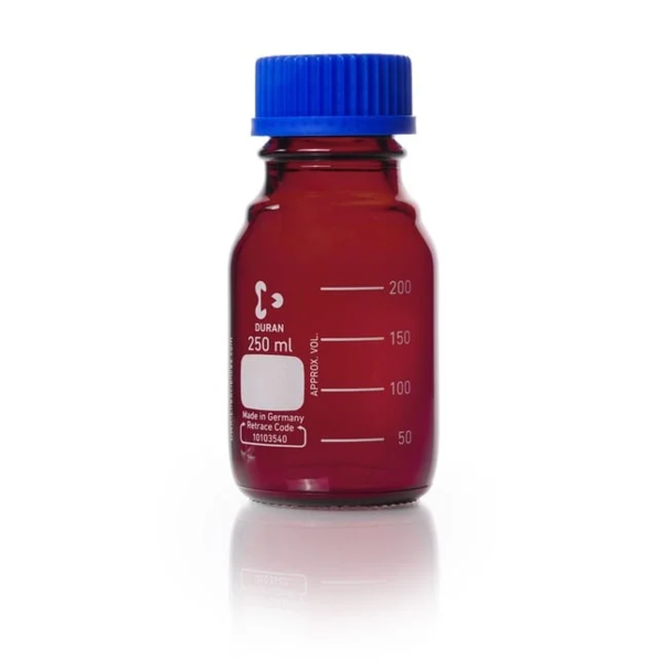 Бутыль лабораторная стеклянная DURAN®, GL 45, янтарная, винтовая крышка и сливное кольцо (PP), 250 мл