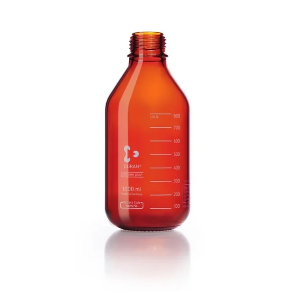 Бутыль лабораторная стеклянная DURAN® pressure plus, устойчивая к давлению, янтарная, без винтовой крышки и сливного кольца, GL 45, 1000 мл