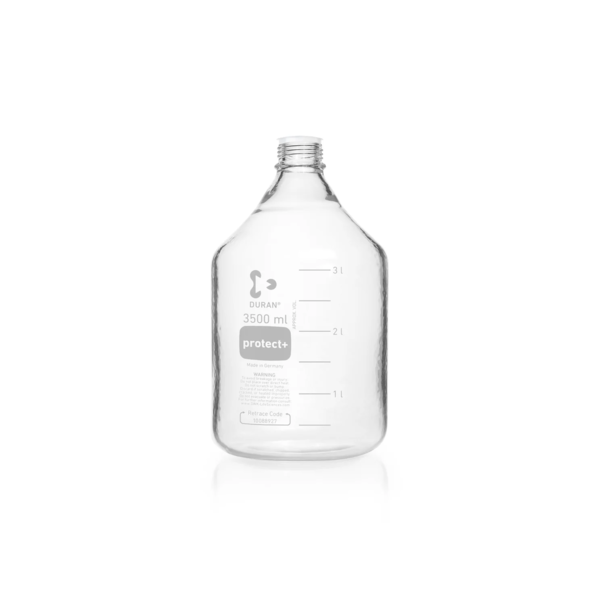 Бутыль лабораторная стеклянная DURAN®, GL 45, прозрачная, protect+ пластиковое покрытие (PA12), защитная крышка, 3500 мл