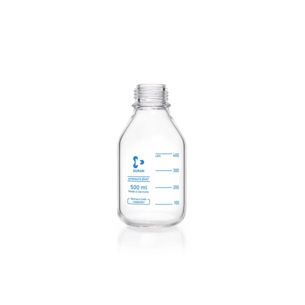 Бутыль лабораторная стеклянная DURAN®, GL 45, прозрачная, pressure plus+ устойчивая к давлению, protect+ пластиковое покрытие (PA12), защитная крышка, 500 мл