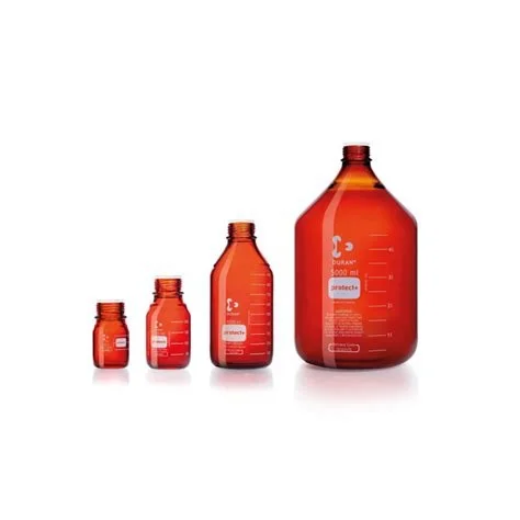 Бутыль лабораторная стеклянная DURAN®, GL 45, янтарная, protect+ пластиковое покрытие (PA12), защитная крышка, 100 мл