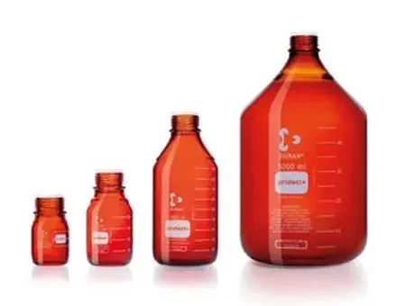 Бутыль лабораторная стеклянная DURAN®, GL 45, янтарная, protect+ пластиковое покрытие (PA12), защитная крышка, 2000 мл