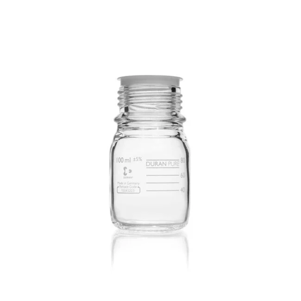 Бутыль DURAN PURE, прозрачная, градуированная, GL 45, с пылезащитным колпачком, без крышки и сливного кольца, 100 мл