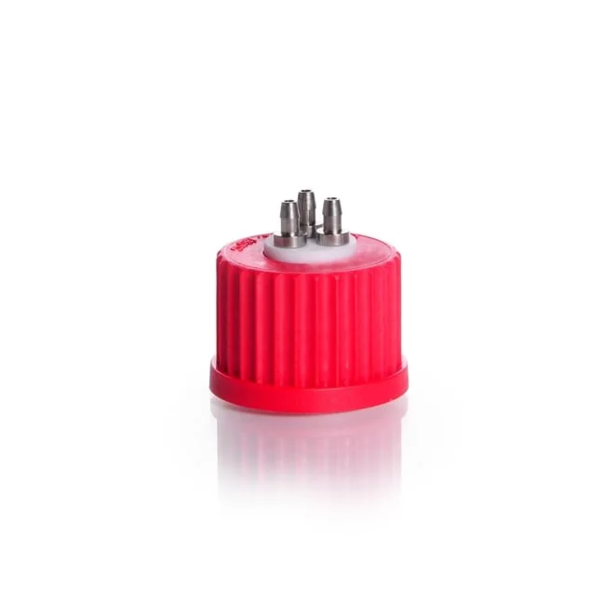 Система соединительной крышки DURAN® GL 25 с красной винтовой крышкой PBT, инертная PTFE, 3 порта (нержавеющая сталь)