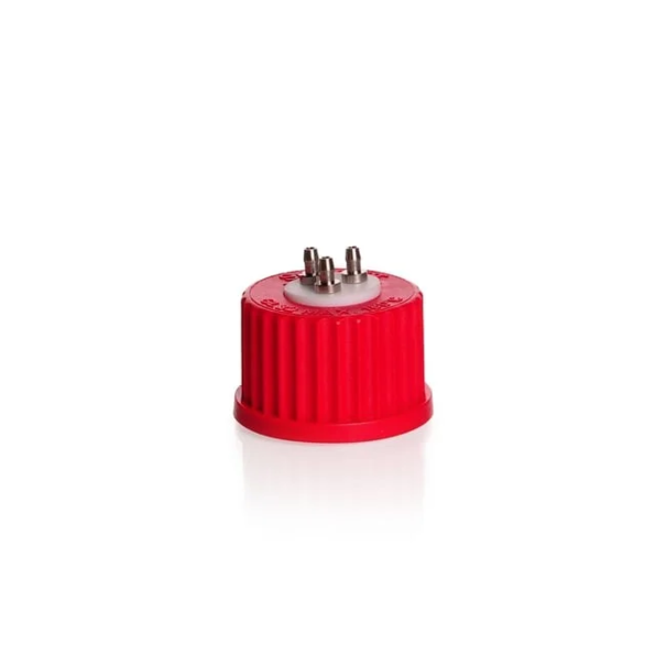 Система соединительной крышки DURAN® GL 32 с красной винтовой крышкой PBT, инертная PTFE, 3 порта (нержавеющая сталь)