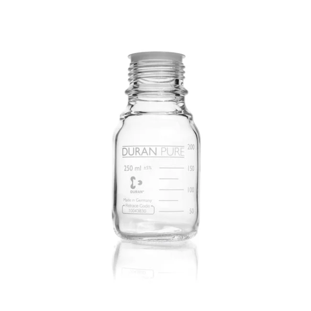 Бутыль DURAN PURE, прозрачная, градуированная, GL 45, с пылезащитным колпачком, без крышки и сливного кольца, 250 мл