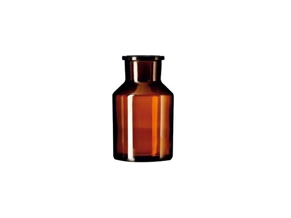Бутыль для реактивов, широкое горлышко, NS 34/24, янтарная с пробкой, натриево-кальциевое стекло, 250 мл.