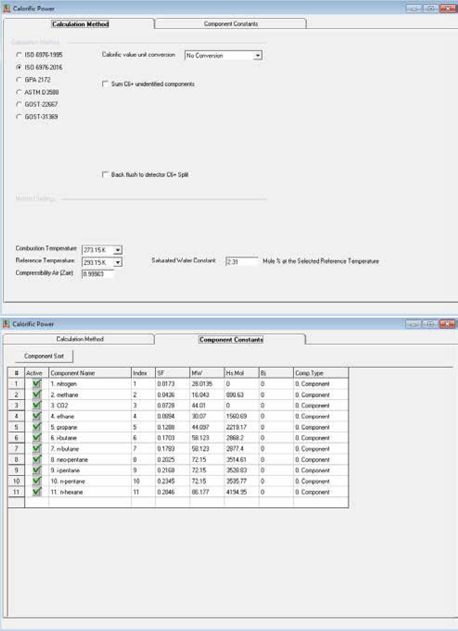 Рис. 1. Параметры методики расчета теплотворной способности по стандарту ISO в программе Agilent PROstation