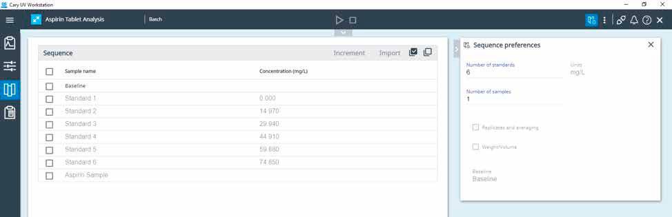 Окно последовательности в приложении Cary UV Workstation Concentration